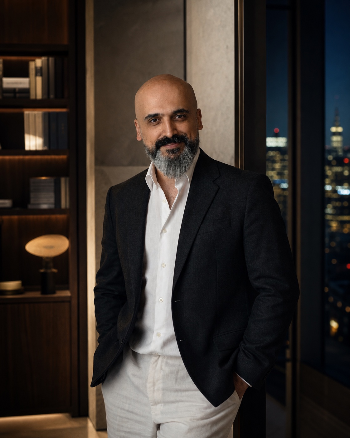 Editorial portrait of Hamed Ashouri in a private Toronto office at blue hour