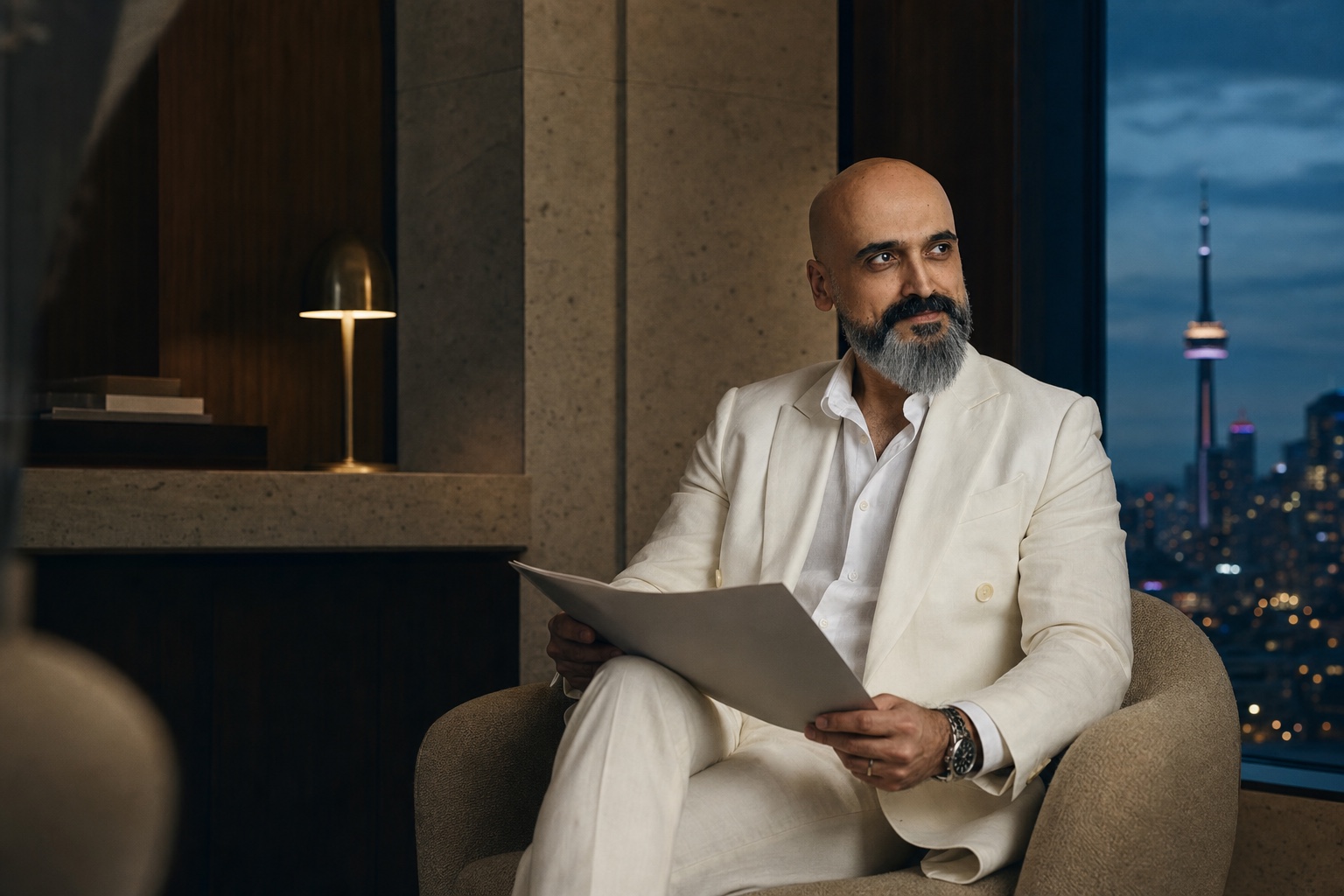 Hamed Ashouri reviewing a market brief in a private Toronto reading room